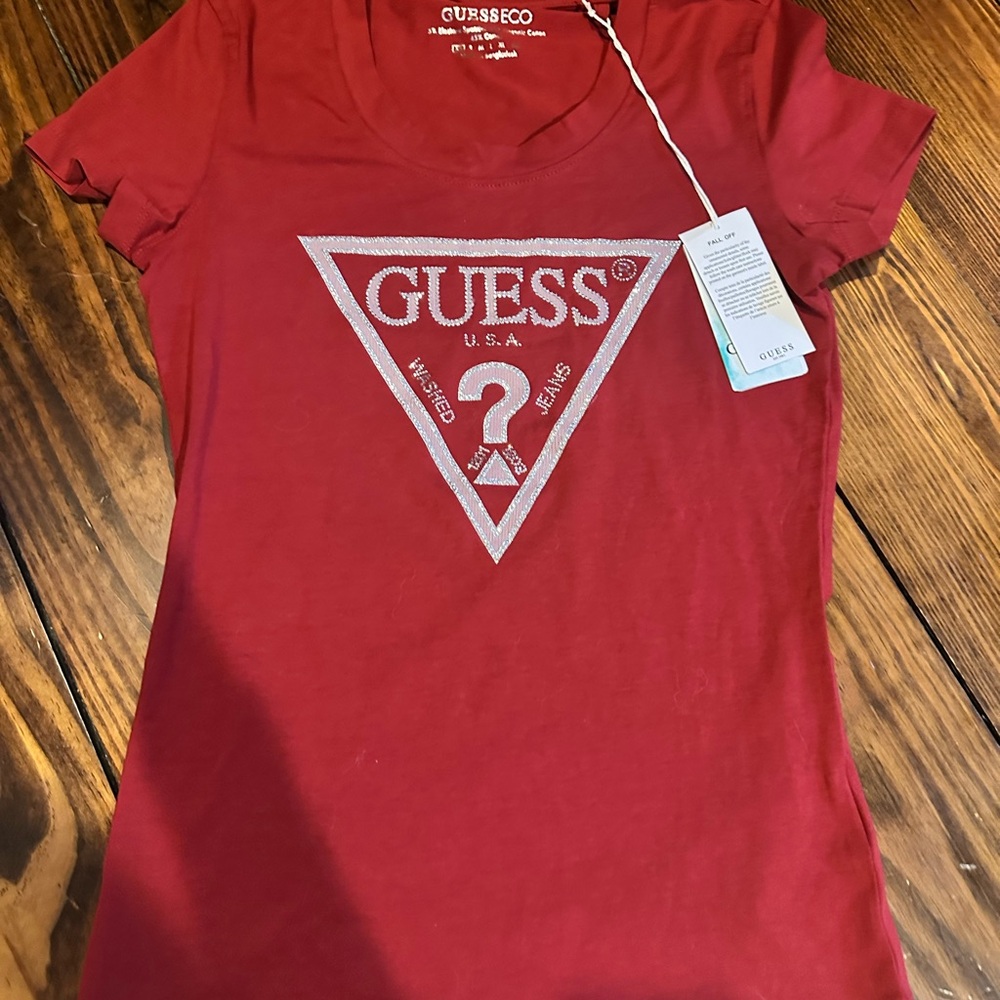 Guess Red Crewneck Tee with Silver Trim Detail Size XS